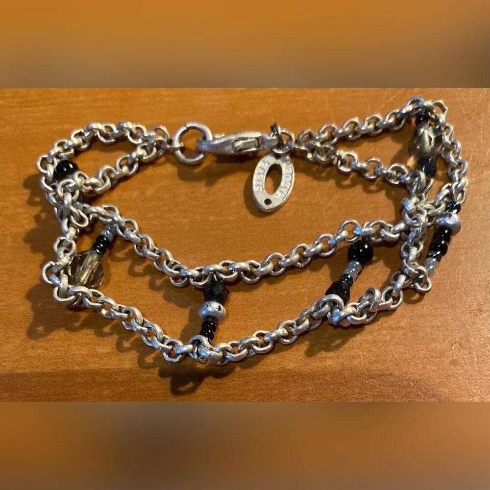 Steve Madden Silver Beaded Chain Bracelet Womens Black Glass 6.5”Lobster Clasp